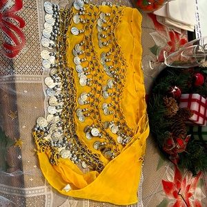 Belly dance wave shape hip scarf with silver coins. Yellow.